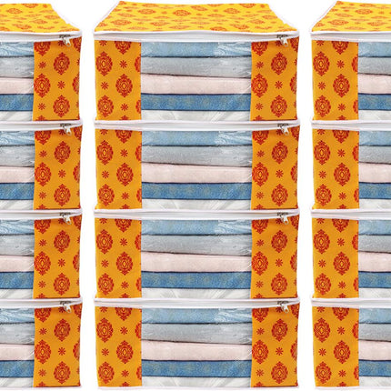 Yellow & Red Traditional Printed Clothes Storage Organizer Box with Transparent Window and Zip Closure