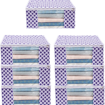 White & Purple Floral Design Clothes Storage Organizer Box with Transparent Window and Zip Closure