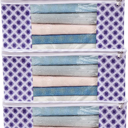 White & Purple Floral Design Clothes Storage Organizer Box with Transparent Window and Zip Closure