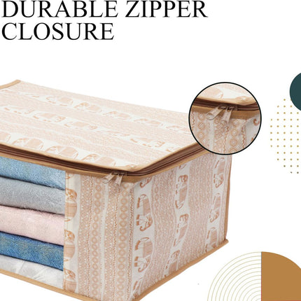 Beige Elephant Printed Design Clothes Storage Organizer Box with Transparent Window and Zip Closure