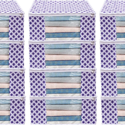 White & Purple Floral Design Clothes Storage Organizer Box with Transparent Window and Zip Closure