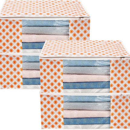 White & Orange Star Print Clothes Storage Organizer Box with Transparent Window and Zip Closure