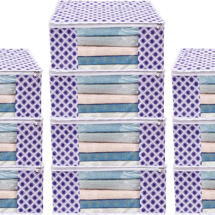 White & Purple Floral Design Clothes Storage Organizer Box with Transparent Window and Zip Closure