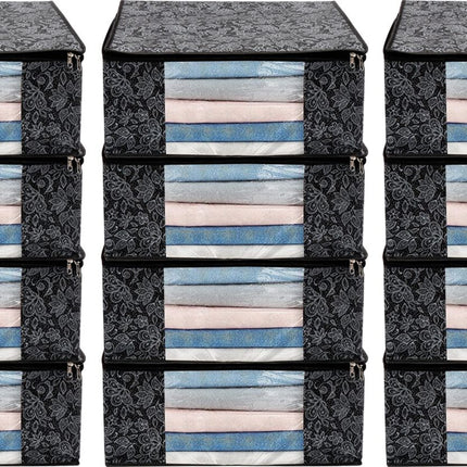 Black Floral Design Clothes Storage Organizer Box with Transparent Window and Zip Closure