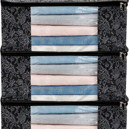 Black Floral Design Clothes Storage Organizer Box with Transparent Window and Zip Closure