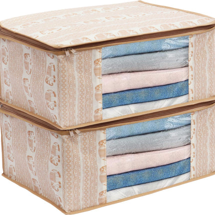 Beige Elephant Printed Design Clothes Storage Organizer Box with Transparent Window and Zip Closure