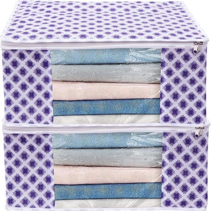 White & Purple Floral Design Clothes Storage Organizer Box with Transparent Window and Zip Closure
