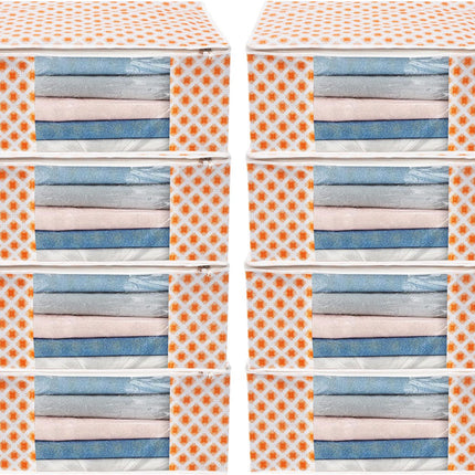 White & Orange Star Print Clothes Storage Organizer Box with Transparent Window and Zip Closure