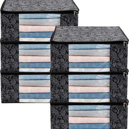 Black Floral Design Clothes Storage Organizer Box with Transparent Window and Zip Closure