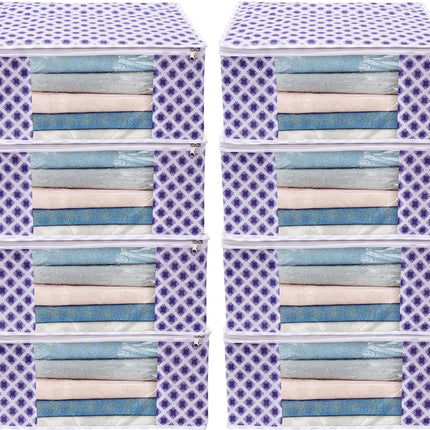 White & Purple Floral Design Clothes Storage Organizer Box with Transparent Window and Zip Closure