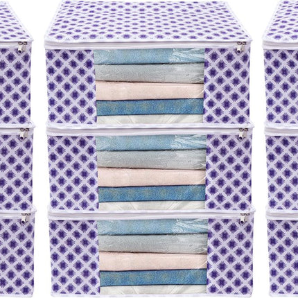 White & Purple Floral Design Clothes Storage Organizer Box with Transparent Window and Zip Closure