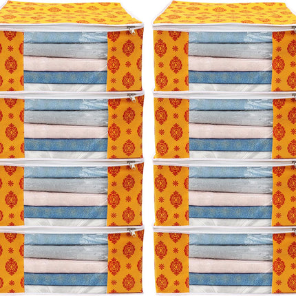 Yellow & Red Traditional Printed Clothes Storage Organizer Box with Transparent Window and Zip Closure