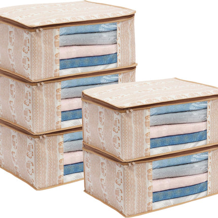 Beige Elephant Printed Design Clothes Storage Organizer Box with Transparent Window and Zip Closure