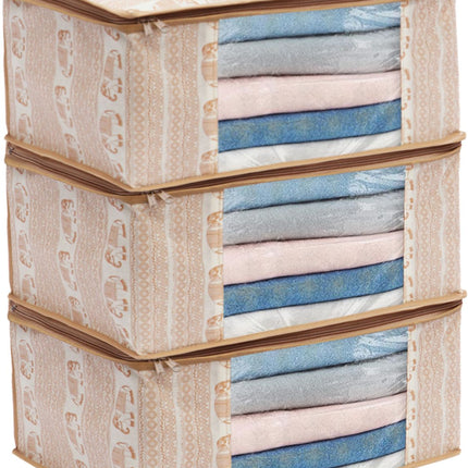 Beige Elephant Printed Design Clothes Storage Organizer Box with Transparent Window and Zip Closure