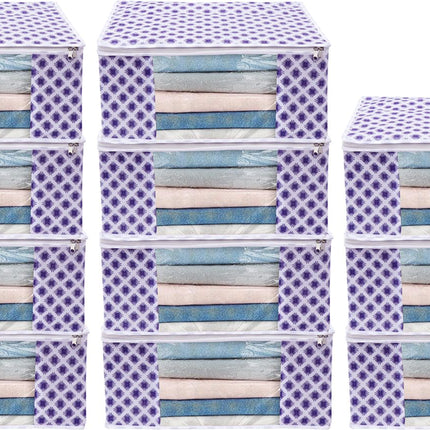 White & Purple Floral Design Clothes Storage Organizer Box with Transparent Window and Zip Closure