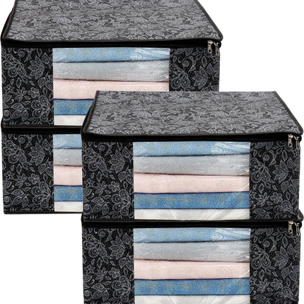 Black Floral Design Clothes Storage Organizer Box with Transparent Window and Zip Closure