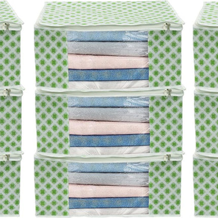 White & Green Floral Design Clothes Storage Organizer Box with Transparent Window and Zip Closure