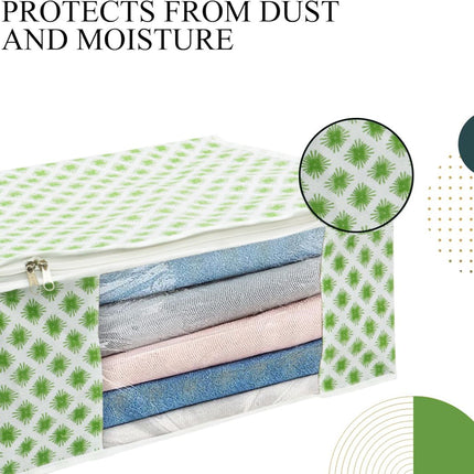 White & Green Floral Design Clothes Storage Organizer Box with Transparent Window and Zip Closure