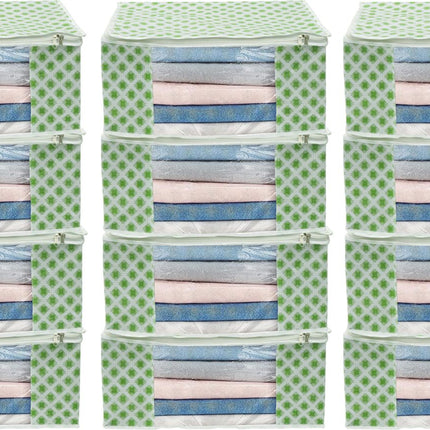 White & Green Floral Design Clothes Storage Organizer Box with Transparent Window and Zip Closure