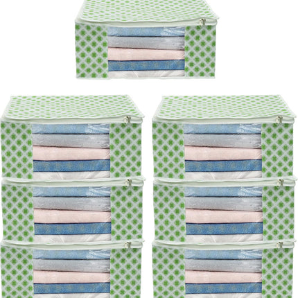 White & Green Floral Design Clothes Storage Organizer Box with Transparent Window and Zip Closure