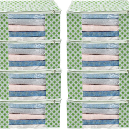 White & Green Floral Design Clothes Storage Organizer Box with Transparent Window and Zip Closure
