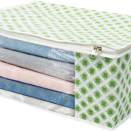 White & Green Floral Design Clothes Storage Organizer Box with Transparent Window and Zip Closure