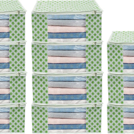 White & Green Floral Design Clothes Storage Organizer Box with Transparent Window and Zip Closure