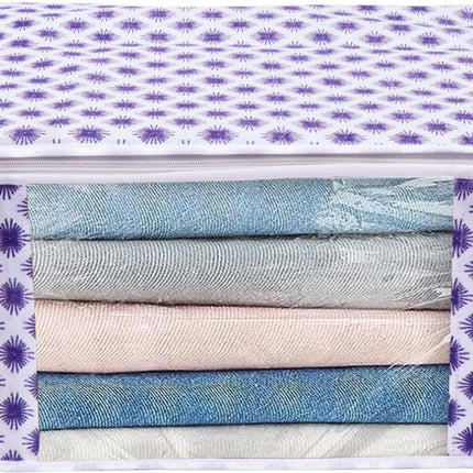 White & Purple Floral Design Clothes Storage Organizer Box with Transparent Window and Zip Closure