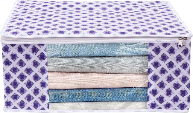White & Purple Floral Design Clothes Storage Organizer Box with Transparent Window and Zip Closure
