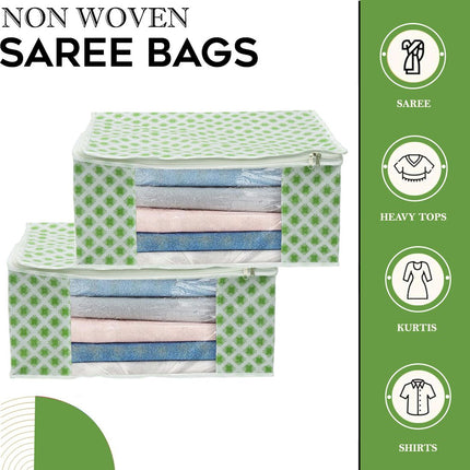 White & Green Floral Design Clothes Storage Organizer Box with Transparent Window and Zip Closure