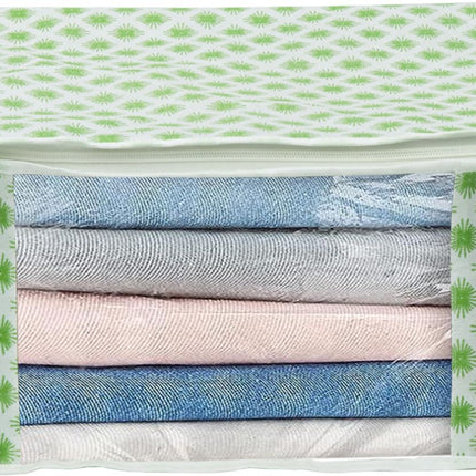 White & Green Floral Design Clothes Storage Organizer Box with Transparent Window and Zip Closure