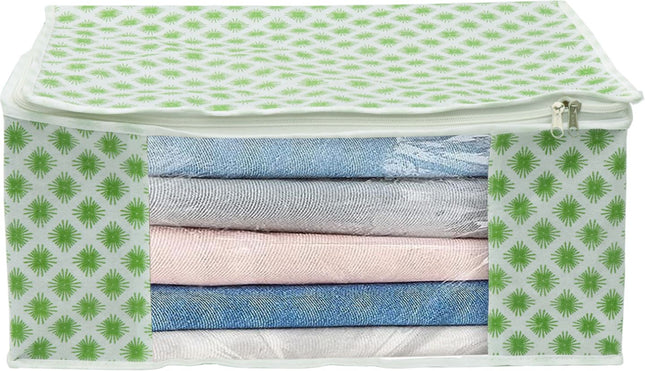 White & Green Floral Design Clothes Storage Organizer Box with Transparent Window and Zip Closure