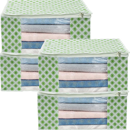 White & Green Floral Design Clothes Storage Organizer Box with Transparent Window and Zip Closure