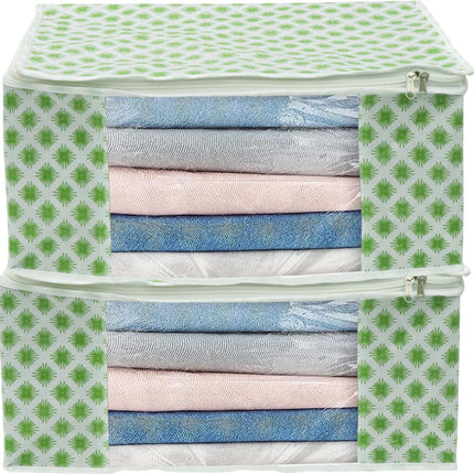 White & Green Floral Design Clothes Storage Organizer Box with Transparent Window and Zip Closure