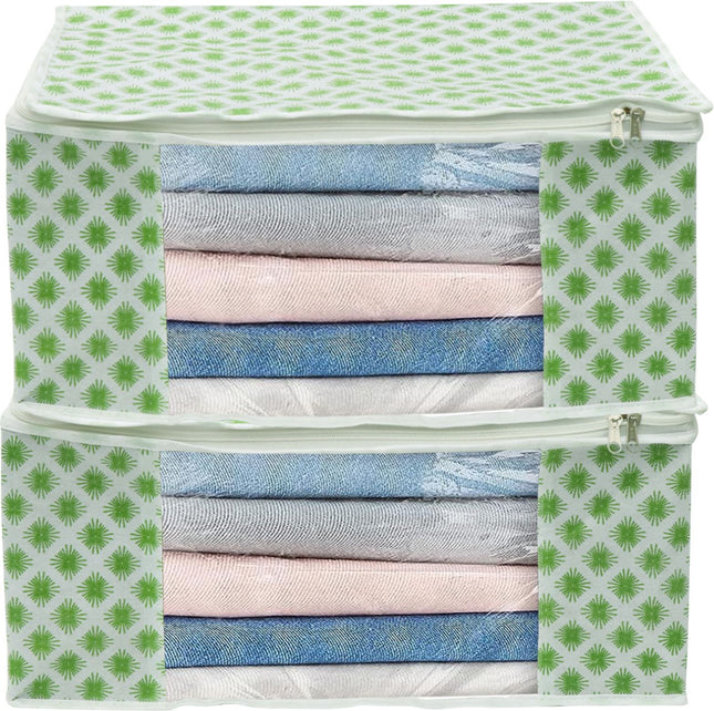 White & Green Floral Design Clothes Storage Organizer Box with Transparent Window and Zip Closure
