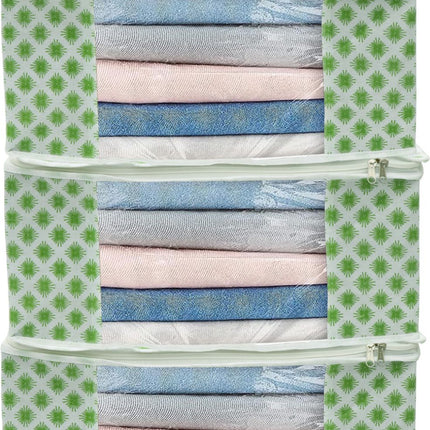 White & Green Floral Design Clothes Storage Organizer Box with Transparent Window and Zip Closure