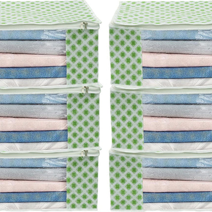 White & Green Floral Design Clothes Storage Organizer Box with Transparent Window and Zip Closure